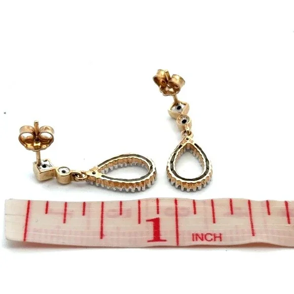 Designer 10k Yellow Gold Diamond Pave Teardrop Cut Out Dangle Drop Earrings